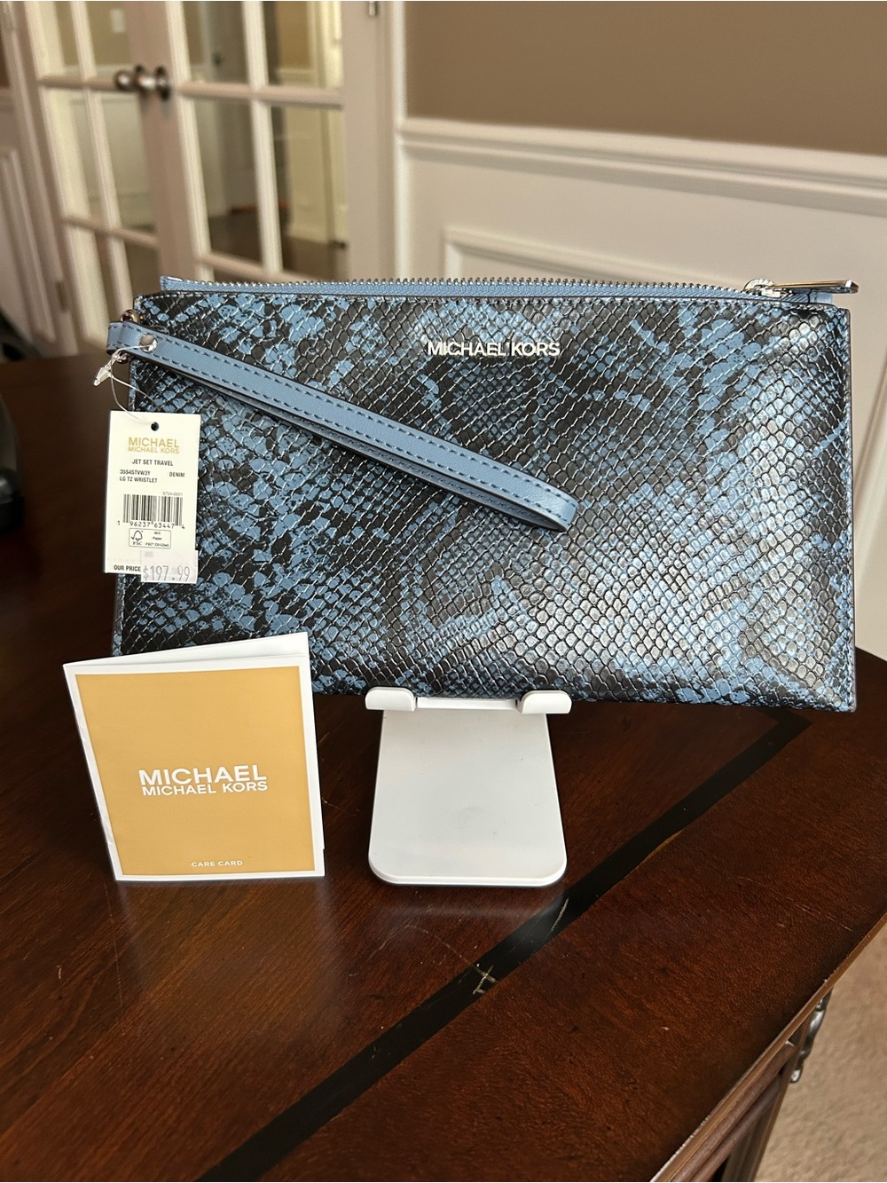 Michael Kors Blue Snake-Print Jet Set Travel Wristlet Clutch